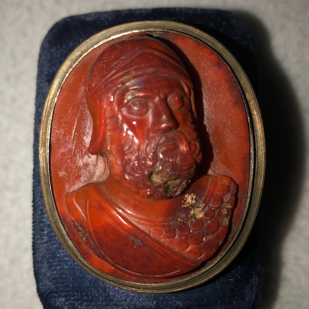 Antique Cameo Roman Warrior: Vintage Silver Carved Jasper or Agate